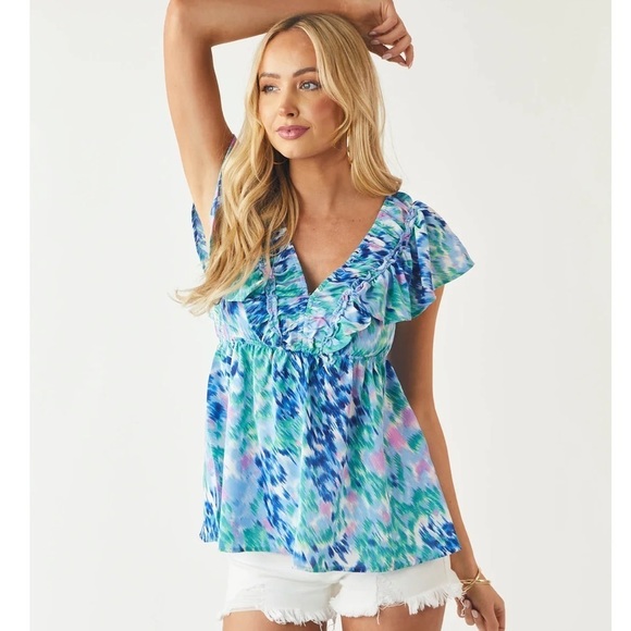 Umgee Abstract Elastic V Neck Ruffle Top - Picture 3 of 8